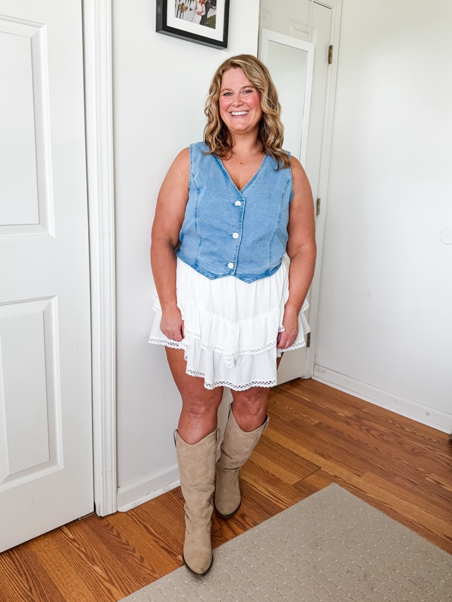 Country concert outfit idea - wearing an XL in my flowy white skort and an XL in my denim vest 

#LTKSeasonal #LTKMidsize #LTKFindsUnder50