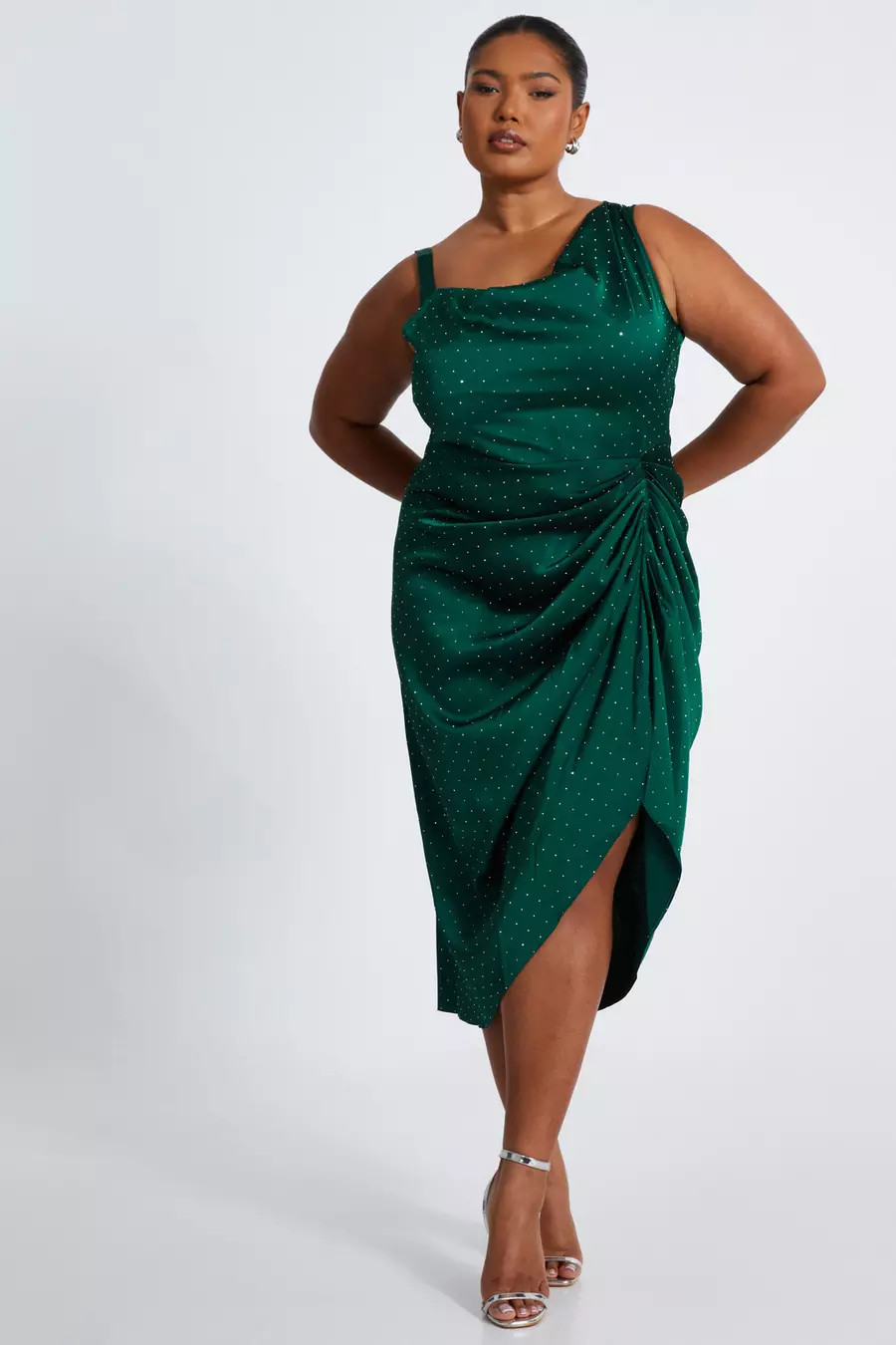Home/Curve Bottle Green Diamante Satin Midi Dress | Quiz Clothing