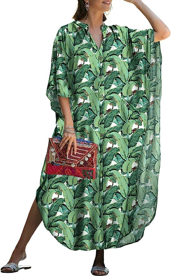 MIUDOLLS Plus Size Kaftan Dresses for Women Loose Beach Shirt Dress Button Down Swimsuit Cover up | Amazon (US)