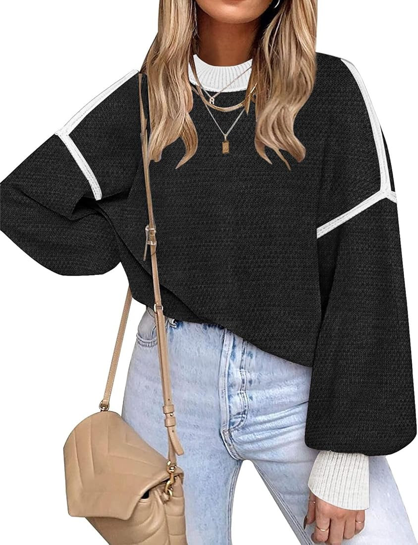 Fall Clothes for Women 2023 Trendy Crew Neck Oversized Sweaters Color Block Batwing Long Sleeve K... | Amazon (US)