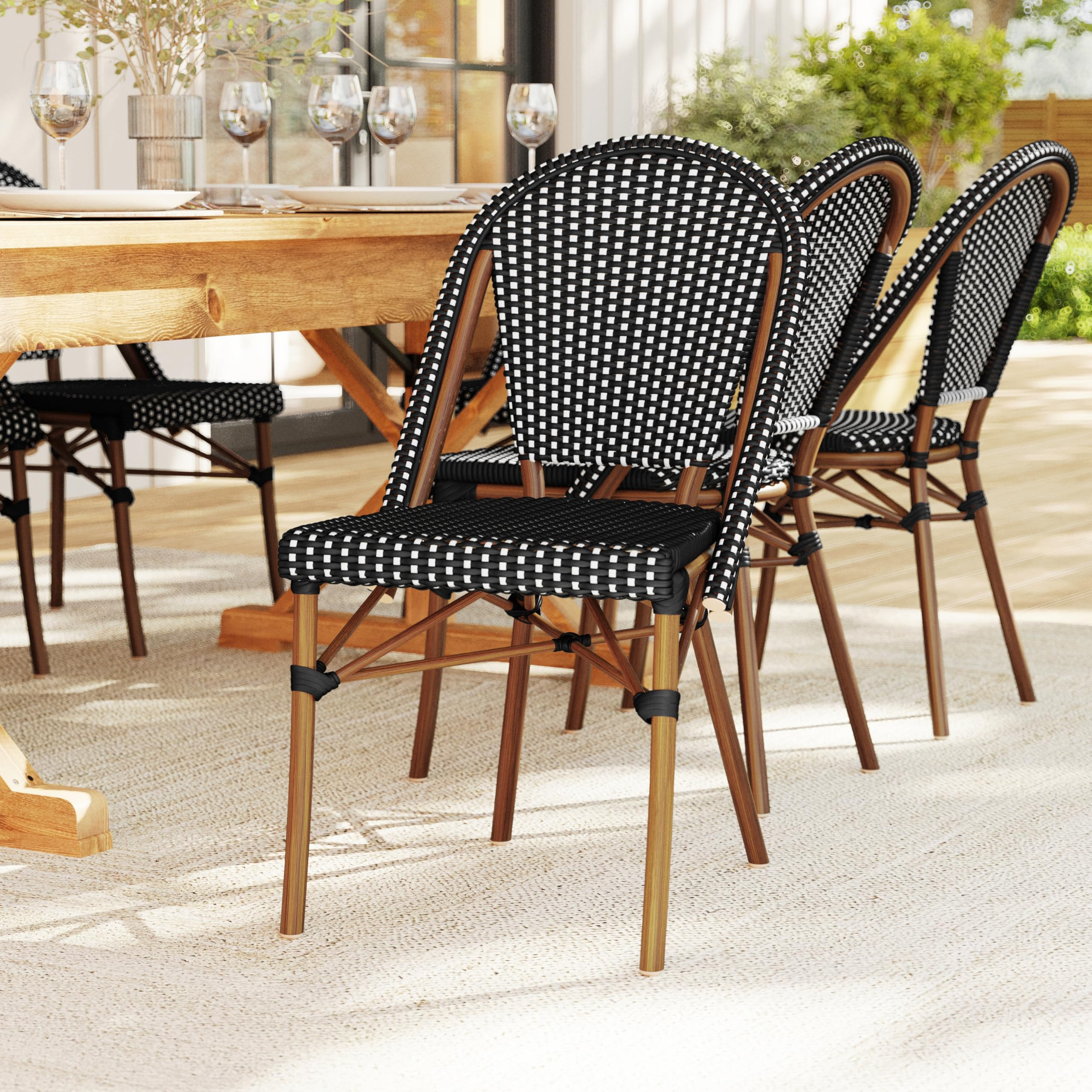 Amazon.com : Martha Stewart Lily Pond Indoor-Outdoor Stackable Aluminum Bistro Chair with Natural Woodgrain Frame Finish and Black/White Woven Rattan Backrest and Seat : Patio, Lawn & Garden | Amazon (US)