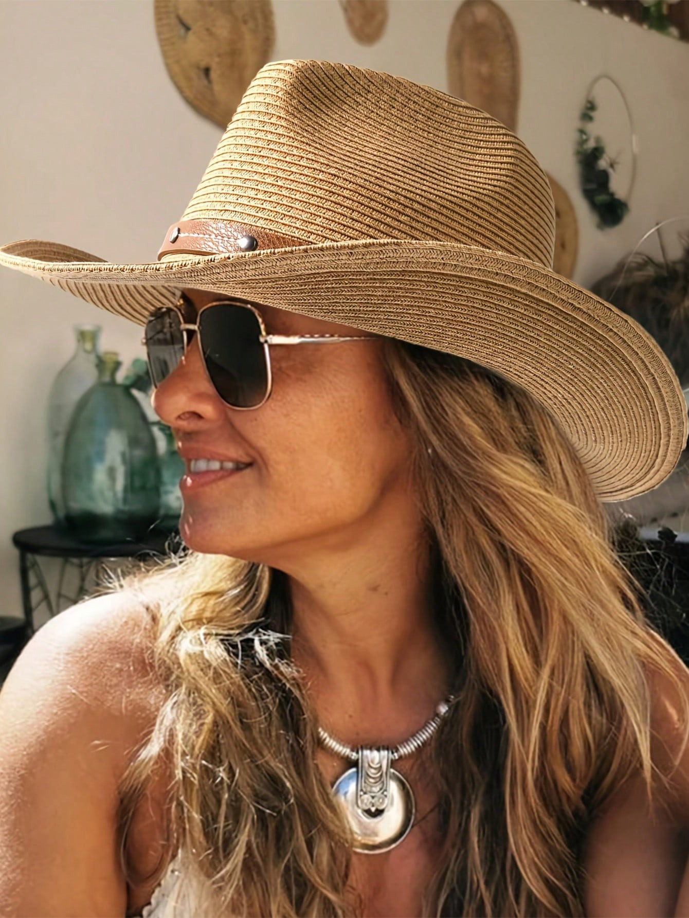 A Women Straw Sun Protection Western Cowboy Hat, Summer Beach Sun Hat With Wind Rope, Folding Des... | SHEIN