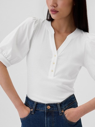 Ribbed Henley Puff Sleeve Top | Gap Factory