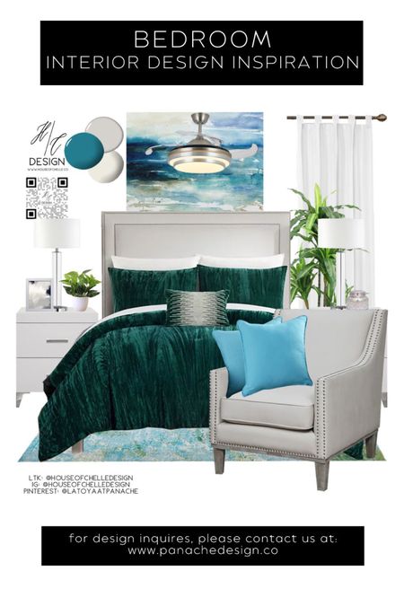 Teal Blue Green and White Modern Bedroom Decor | bedroom home decor | bedroom moodboard | bedroom concept board | bed, nightstand, bed bench, rug, side tables, side chair, nightstand lamps, table lamps, chandelier, ceiling fan, ceiling light, floor lamp, faux plants, vases, mirror, artwork, pillows, bedding, curtains, window treatments, candle holders, modern home, modern home decor, glam home. #moodboard

#LTKfamily #LTKhome #LTKsalealert
