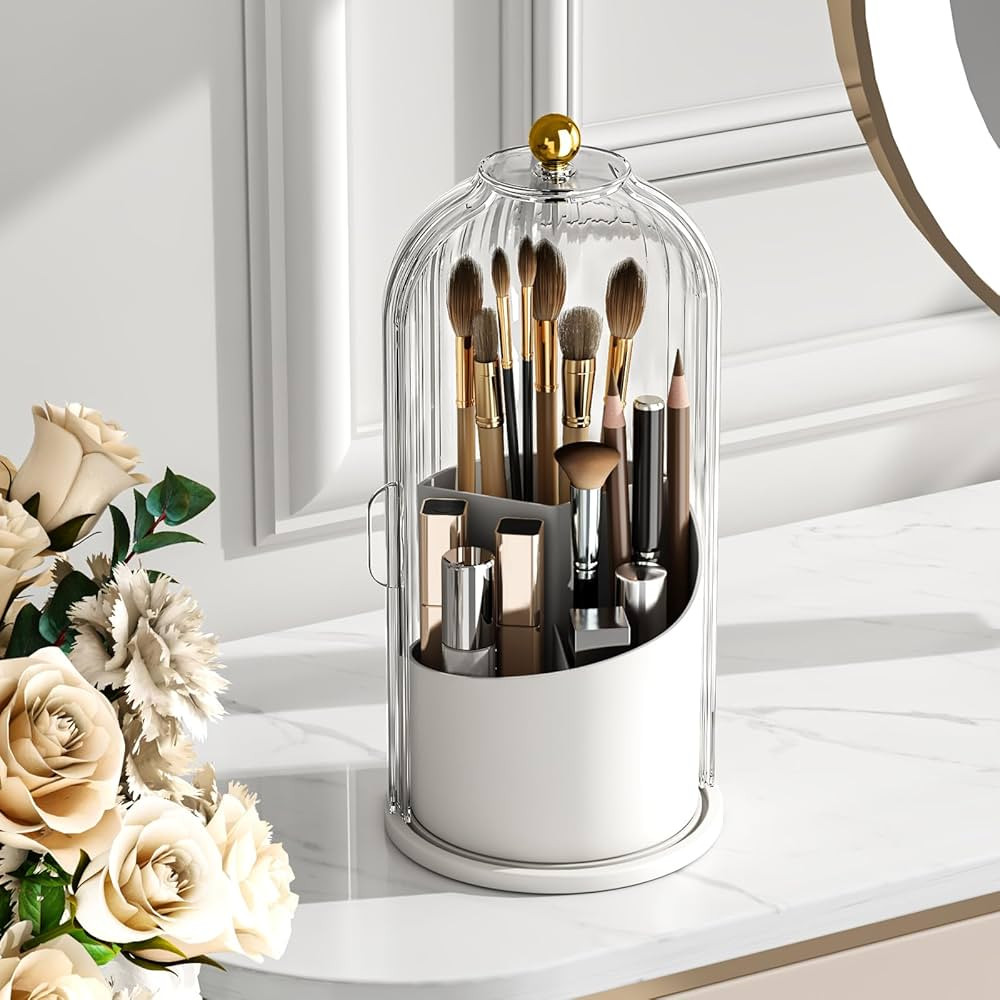 GAXmi Makeup Brush Holder with Lid Cosmetic Tools Organizer 360 Rotating Waterproof Dustproof Bea... | Amazon (US)