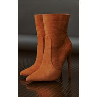 Tan Faux Suede Point Toe Stitch Detail High Stiletto Heeled Ankle Boots | PrettyLittleThing CAN