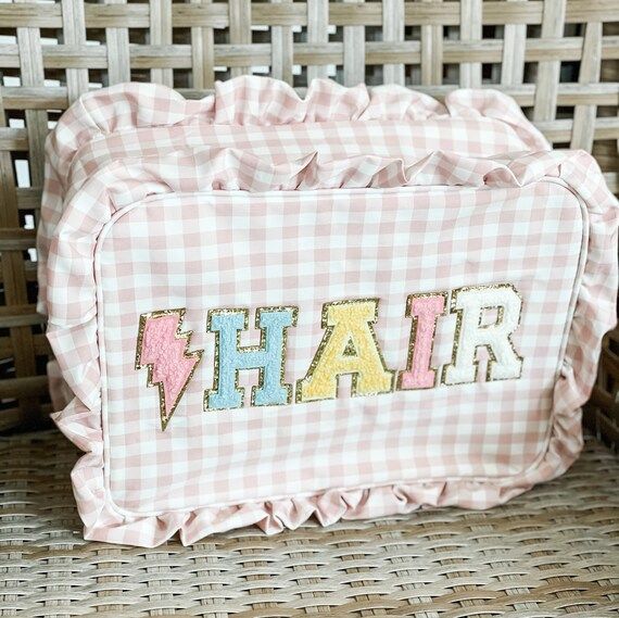 X-Large Pink and white Gingham Ruffle Customized Cosmetic Toiletry Bag-Travel Bag-SEWN ON-Persona... | Etsy (US)