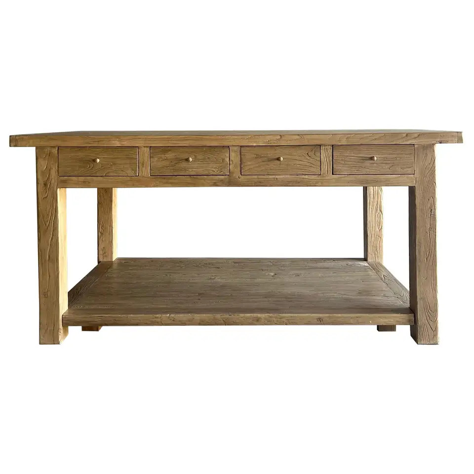 Catalina Reclaimed Elm Wood Kitchen Island in Natural and Removable Shelf | 1stDibs