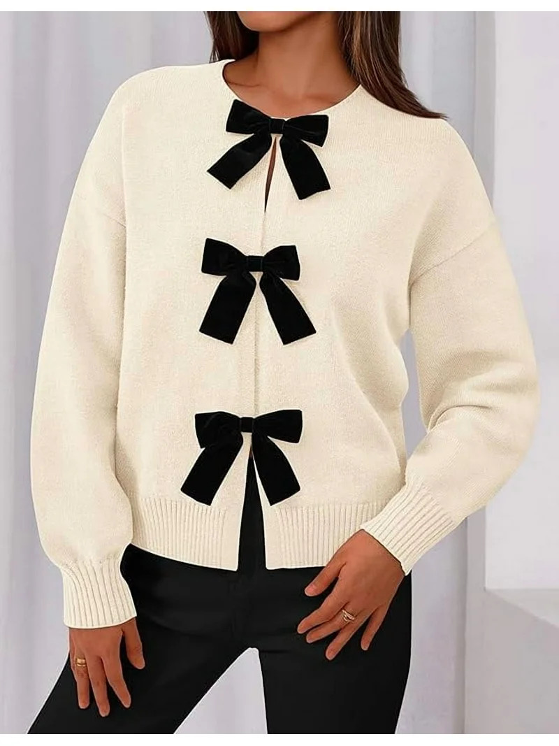 PRETTYGARDEN Cardigan Sweaters for Women Fall Bow Tie Front Long Sleeve Knit Sweater Tops Cute Go... | Walmart (US)