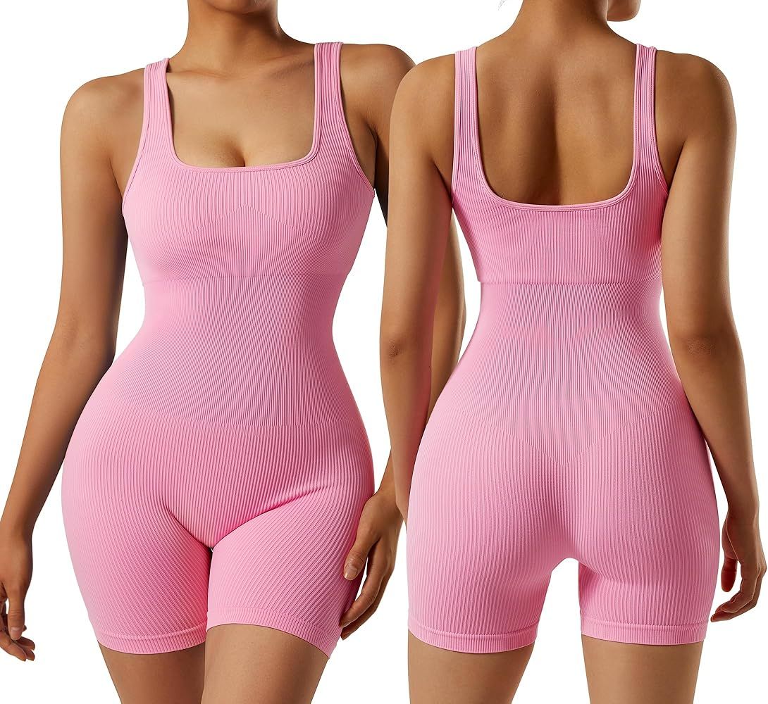 RXRXCOCO Women's Sexy Sleeveless Yoga Jumpsuits Shorts Bodysuit One Piece Deep Scoop Neck Backless B | Amazon (US)