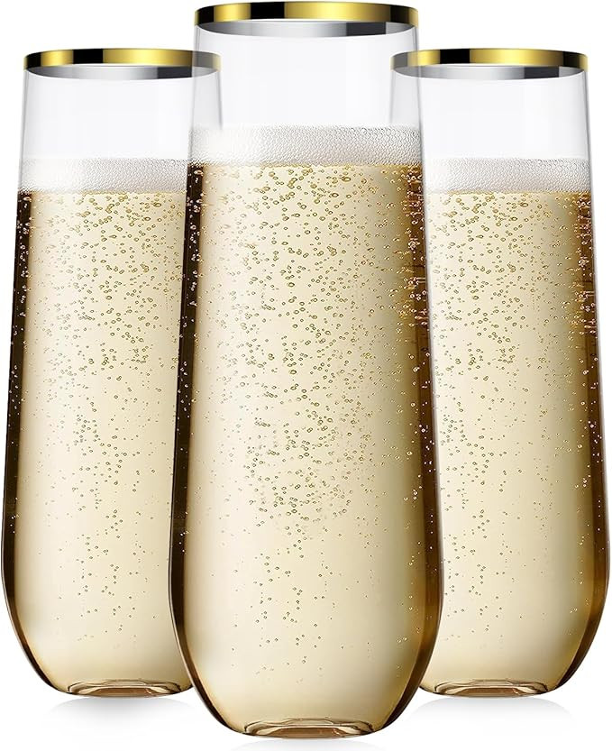 24 Pcak Champagne Flutes Plastic, 9 Oz Disposable Stemless Mimosa Gold Rim Toasting Glasses, Clea... | Amazon (US)