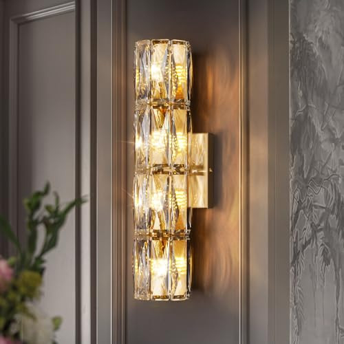 Crystal Wall Sconces Lighting, Modern Gold Wall Light Fixture, Elegant Vanity Wall Lighting Mount for Living Room Bedroom Bathroom Crystal Vanity Light Fixture for Indoor Hallway Doorway Stairway | Amazon (US)