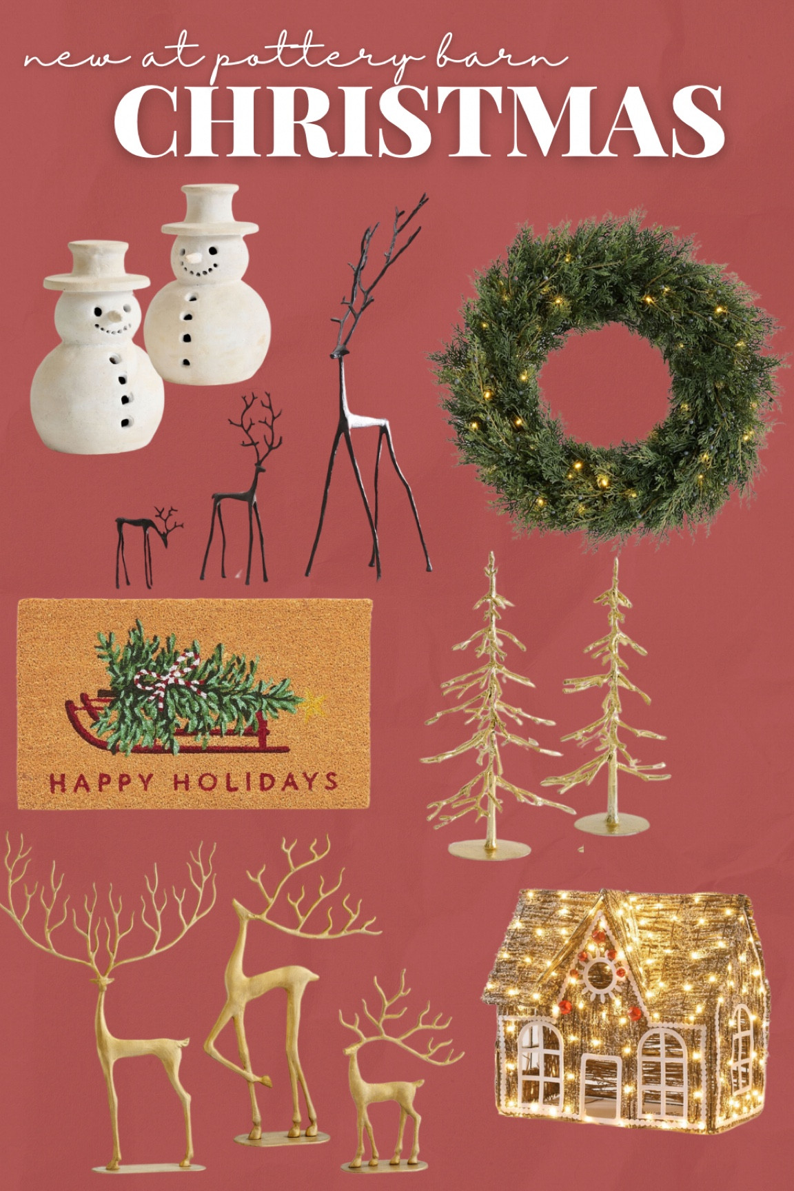 New Christmas releases at Pottery barn 
Christmas door mat, Christmas wreath, Christmas garland, terrocata snowmen, reign deer, gold Christmas tree, Christmas throw pilllows 

#LTKSeasonal #LTKHome #LTKParties