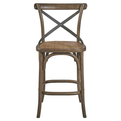 Maze Rustic Brown Seat Oak Wood Frame Grey Iron Cross Back Counter Stool | Kathy Kuo Home