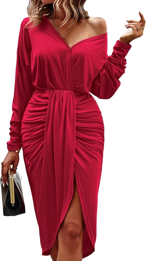 PRETTYGARDEN Women's Ruched Wrap Dress Long Sleeve V Neck Split Hem Draped Front Midi Bodycon Dre... | Amazon (US)