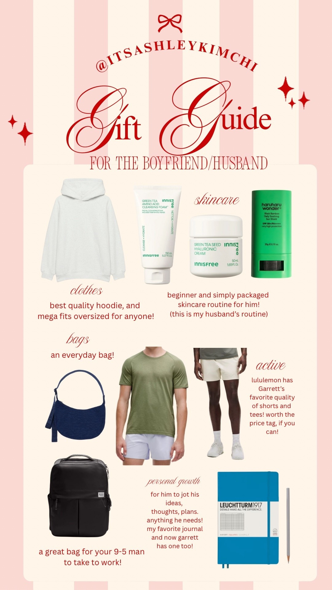 holiday gift guide for boyfriend/husband! 

all vetted by husband 🫡 the skincare would make a great simple skincare routine for any guy! and my aritzia hoodie is actually my husband’s favorite. and lululemon are his favorite places to get quality workout clothes if your man wants to get into fitness! 

gifts for him, holiday gifts for boyfriend, christmas gifts for boyfriend, men’s skincare routine, gifting for men, men’s hoodie, gifts for husband 

#LTKGiftGuide #LTKMens #LTKSeasonal