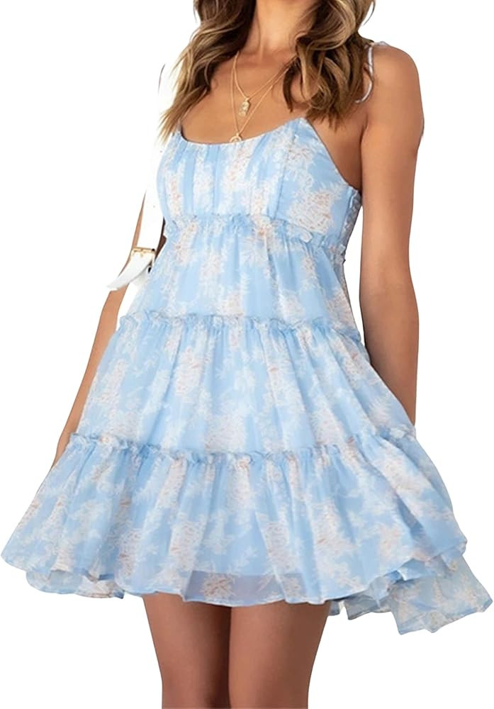 Mansy Womens 2024 Summer Floral Mini Dress Boho Flowy Skater Dresses Short Sleeveless Ruffle Spag... | Amazon (US)
