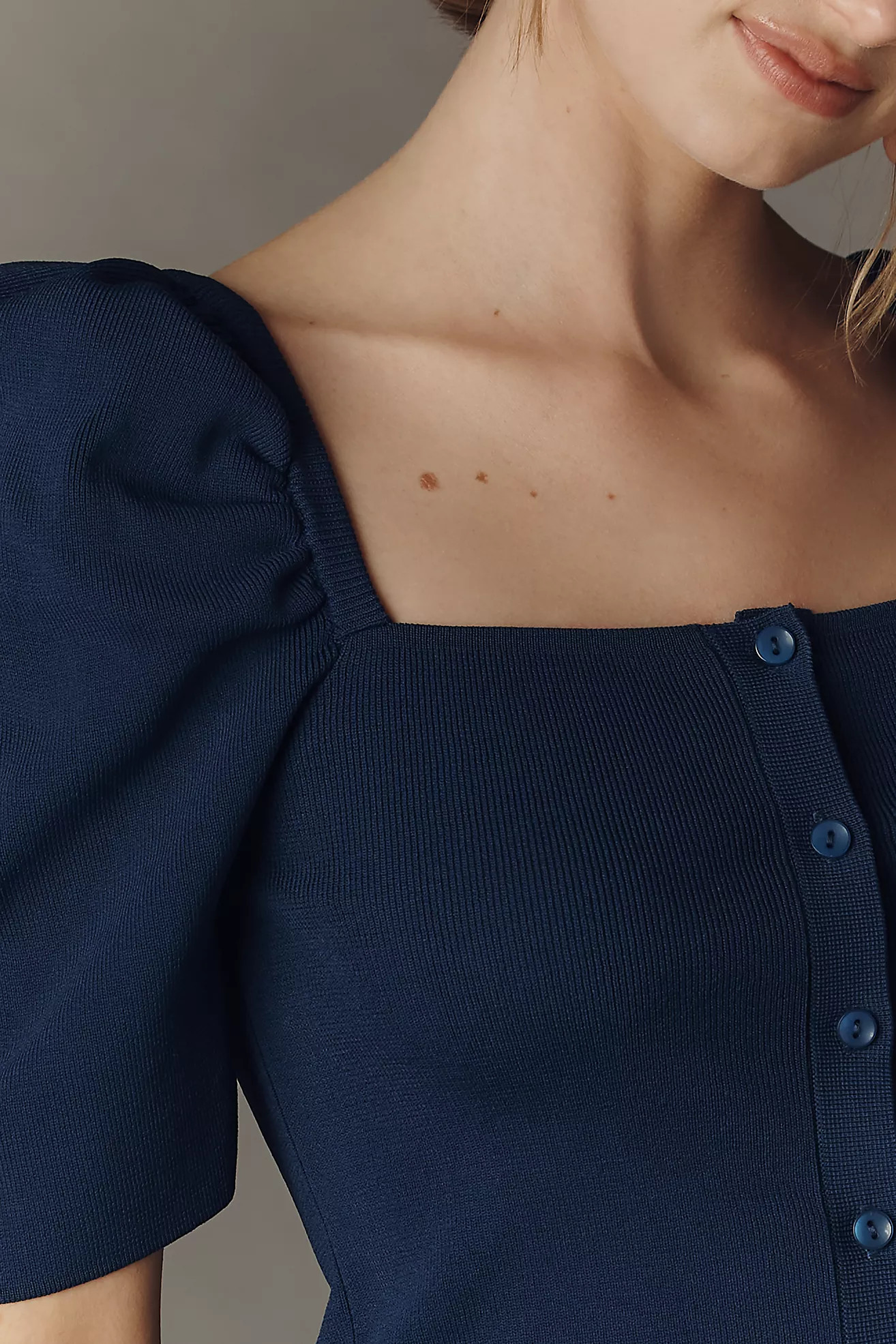 Maeve Square-Neck Puff-Sleeve Cardigan Sweater | Anthropologie (US)