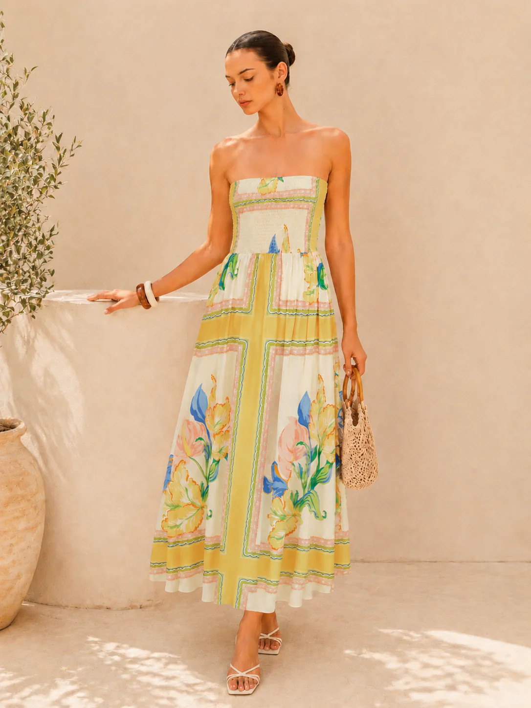 Smocked Bodice Strapless Floral Print Maxi Dress | Commense