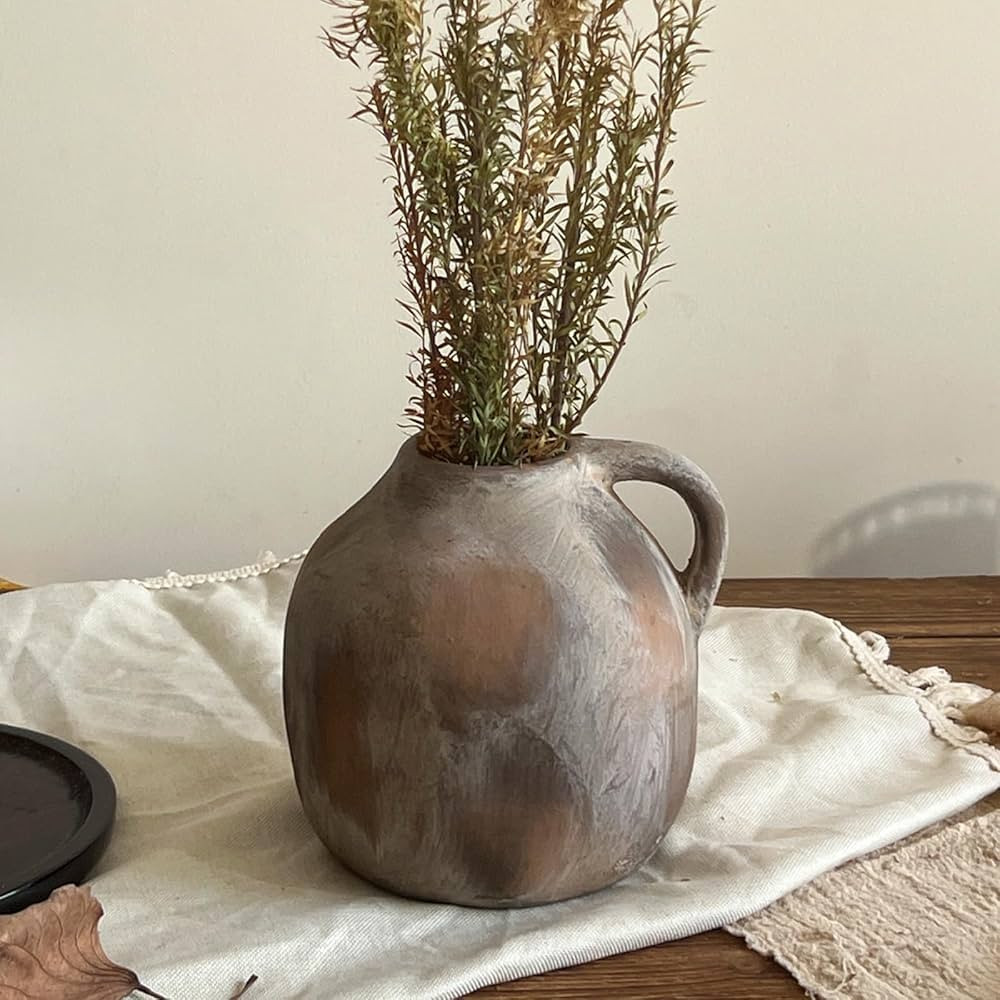 Rustic Terracotta Handmade Pottery Vase with Handle, 5.6 Inch Vintage Ceramic Rustic Farmhouse Va... | Amazon (US)