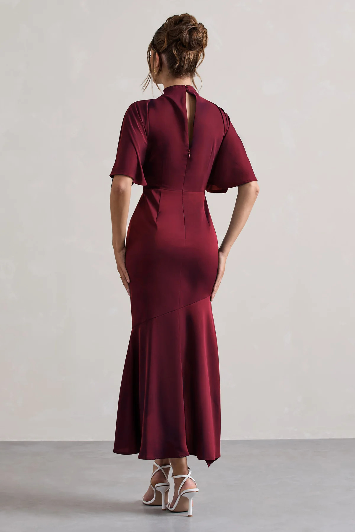 Lavinia | Berry High-Neck Flutter-Sleeve Asymmetric Maxi Dress | Club L London