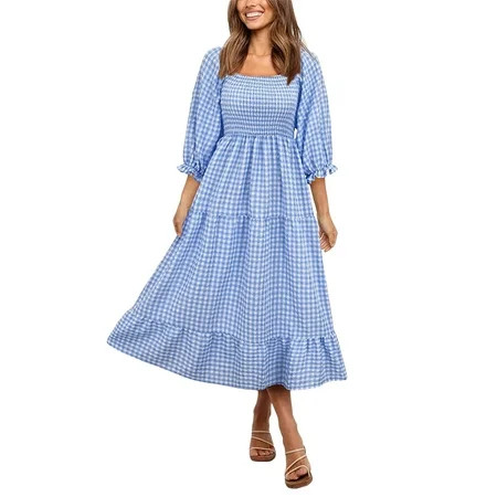 Suanret Women Spring Autumn Bohemian Dress Off-shoulder Smocked Puff Sleeve Plaid Casual Long Dress  | Walmart (US)