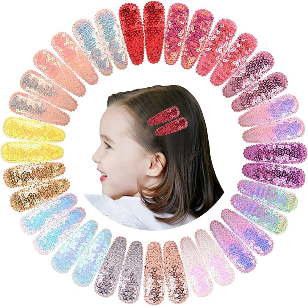 EleMirsa 50pcs Baby Girl Hair Clips 2.2" Sparkly Glitter Sequin Snap Hair Clips Hair Barrettes fo... | Amazon (US)