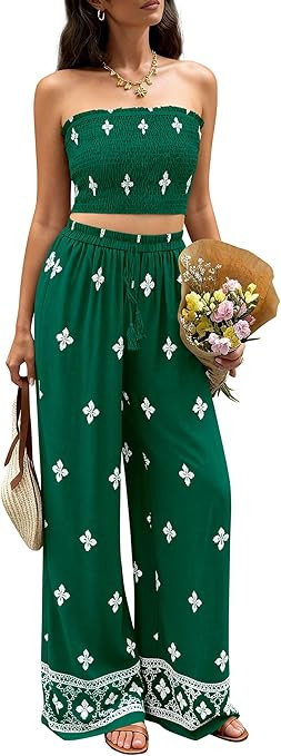 PRETTYGARDEN 2 Piece Sets for Women Summer 2026 Fashion Clothing Boho Tube Tops Wide Leg Pants Cr... | Amazon (US)