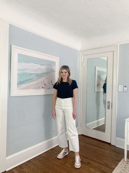 Cropped wide leg white jeans, sneakers outfit idea, t-shirt and jeans outfit idea 

#LTKshoecrush #LTKfindsunder50