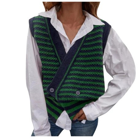 BIZIZA Women Sweater Preppy Knit V-Neck Striped Vests Casual Winter Warm Tops Green S | Walmart (US)
