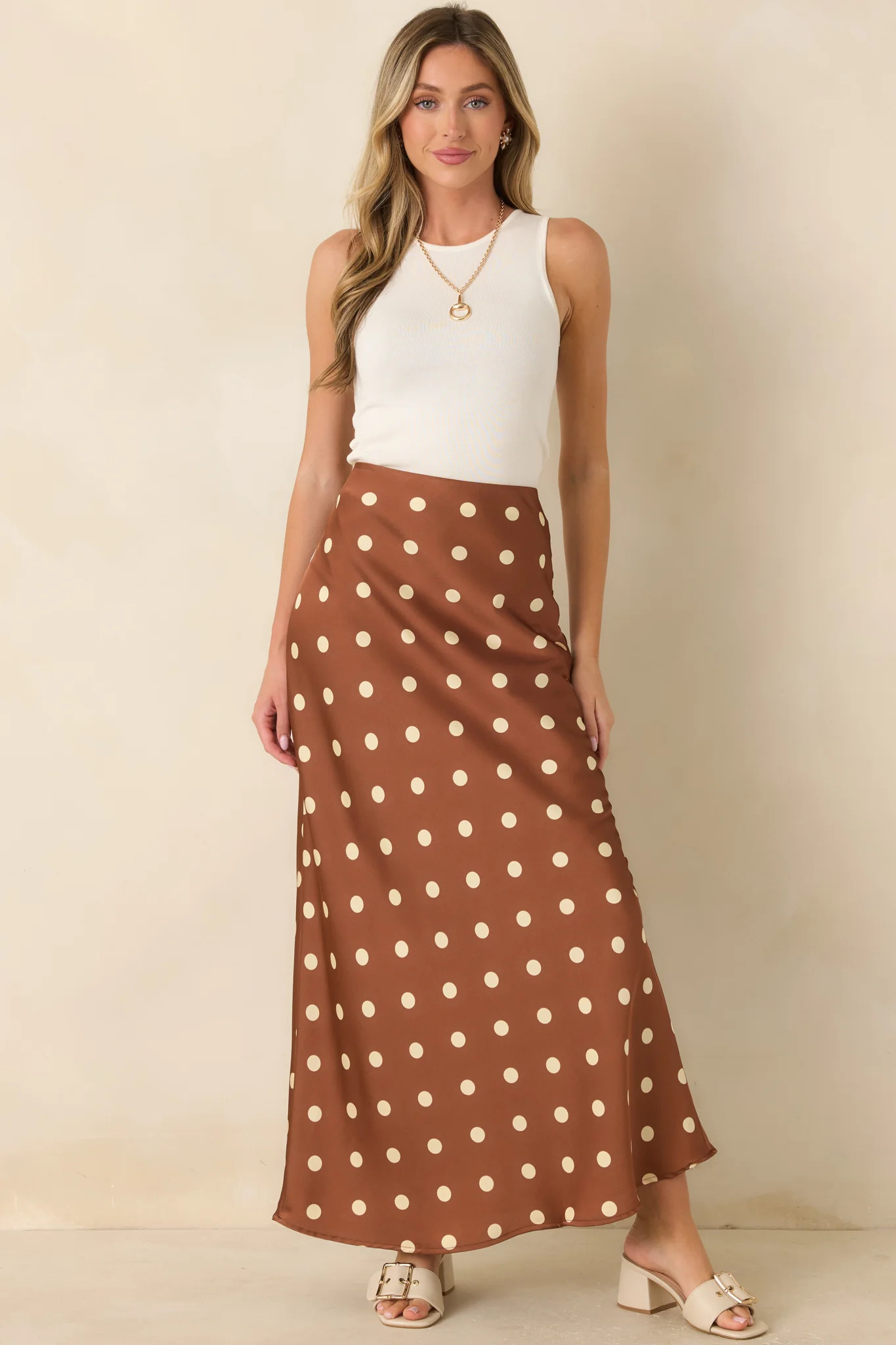 She's All Class Brown Polka Dot Satin Maxi Skirt | Red Dress