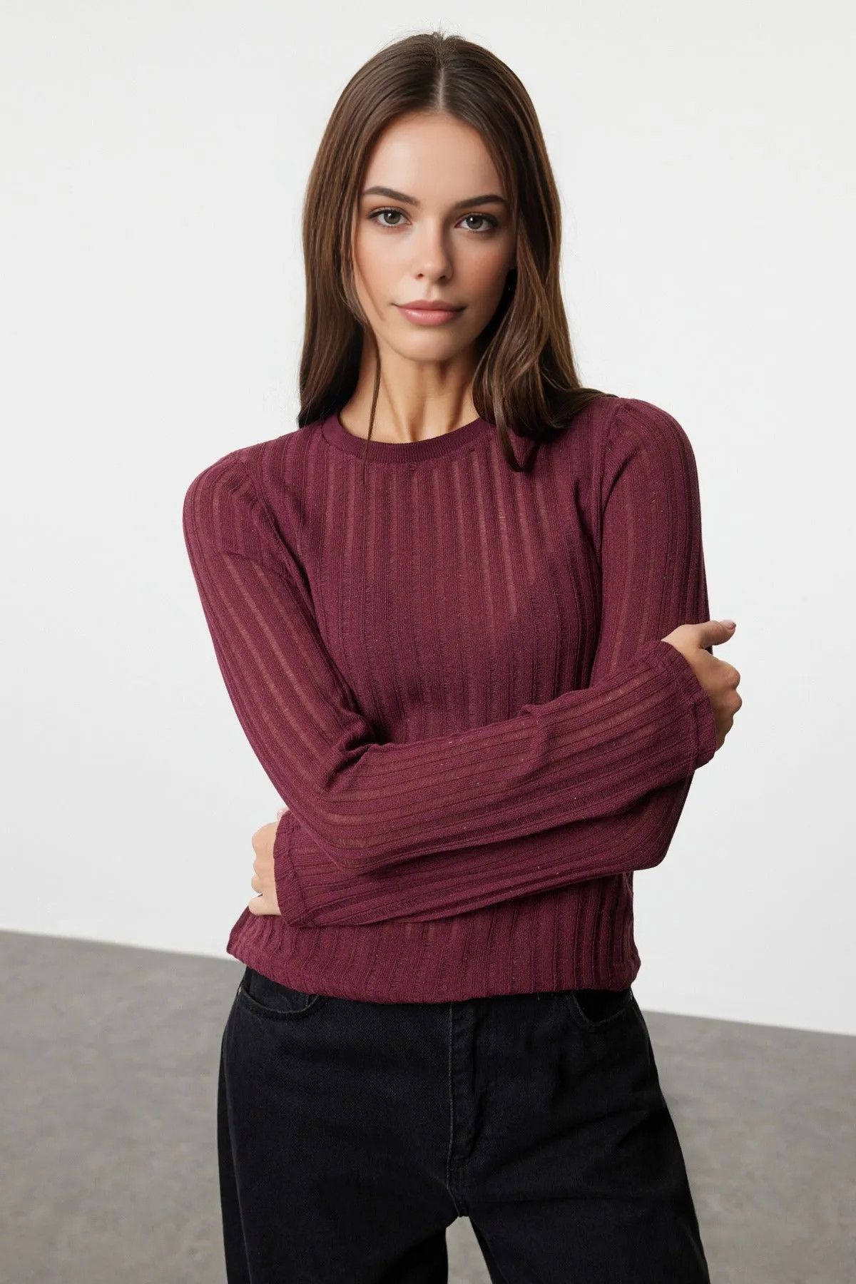 Tops | Sheer Crew Neck Ribbed Knit Blouse | WOVCOR | Debenhams UK