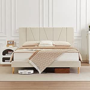 Flolinda King Size Bed Frame Upholstered Platform with Complete Headboard and Strong Wooden Slats... | Amazon (US)