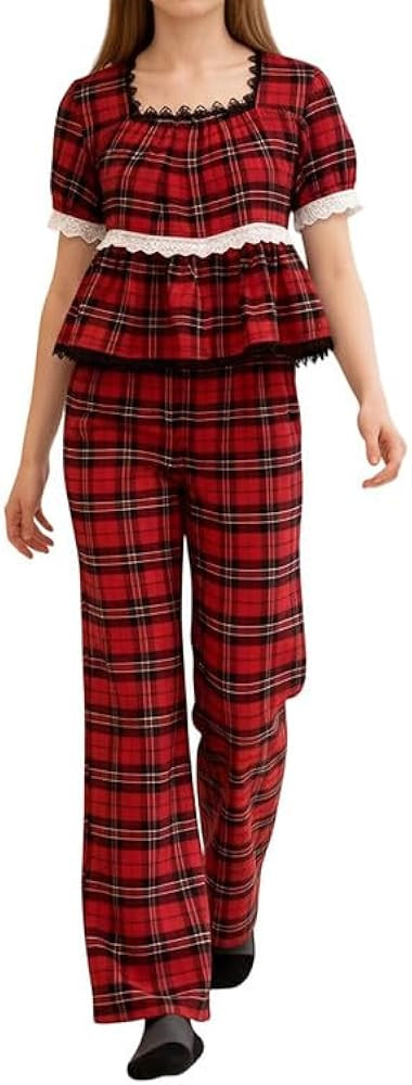 Women Y2K Christmas Plaid Pajama Set Puff Sleeve Babydoll Gingham Pj Sets Short Sleeve Long Pants... | Amazon (US)