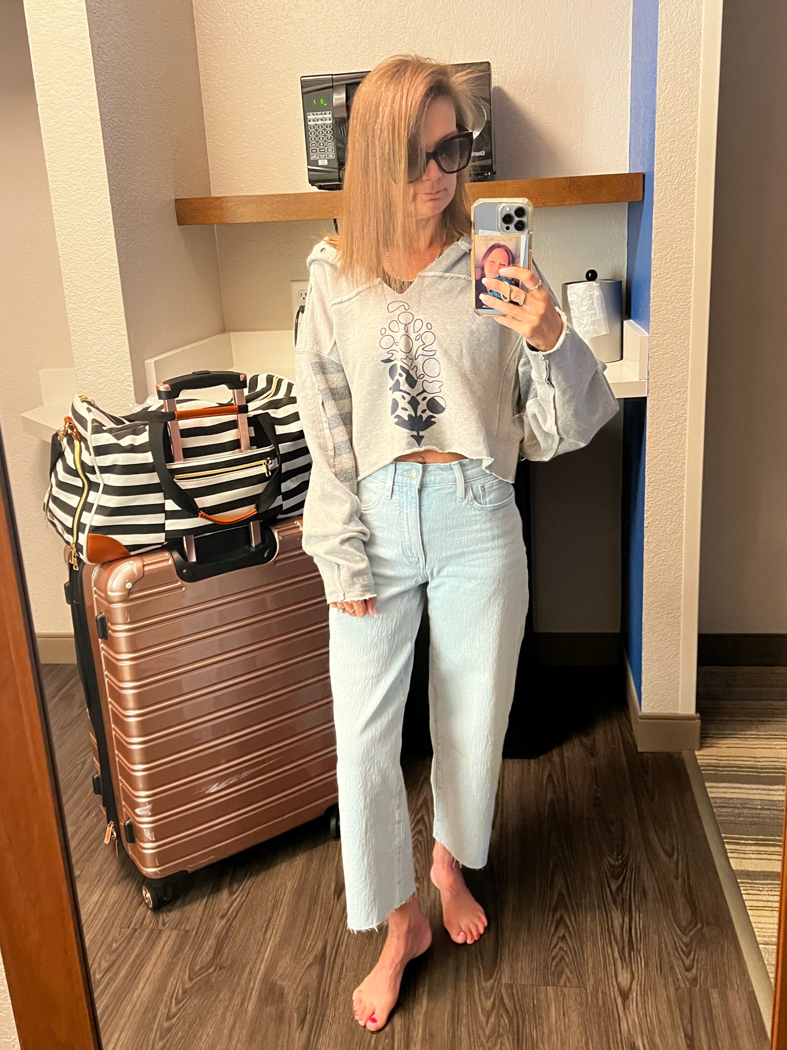 Free People cropped hoodie, Madewell jeans, Free People tank and Gucci sunglasses 