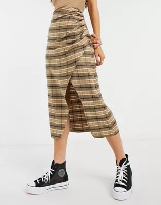 ASOS DESIGN wrap midi skirt in check print | ASOS (Global)