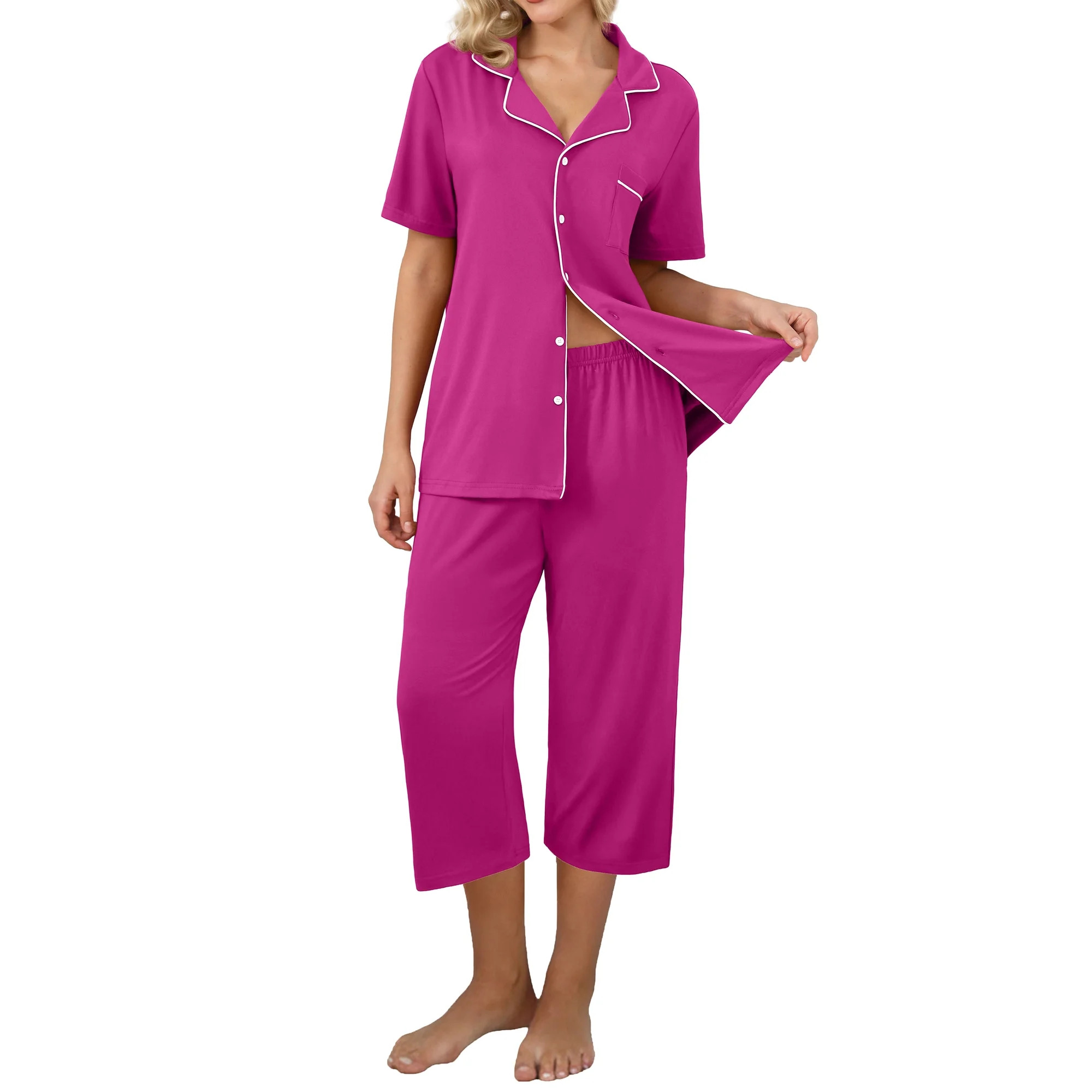 MINTREUS Pajama Sets for Women Notch Knit Top and Capri Pants Pjs Soft Lounge Sets, 2 Piece, Size... | Walmart (US)