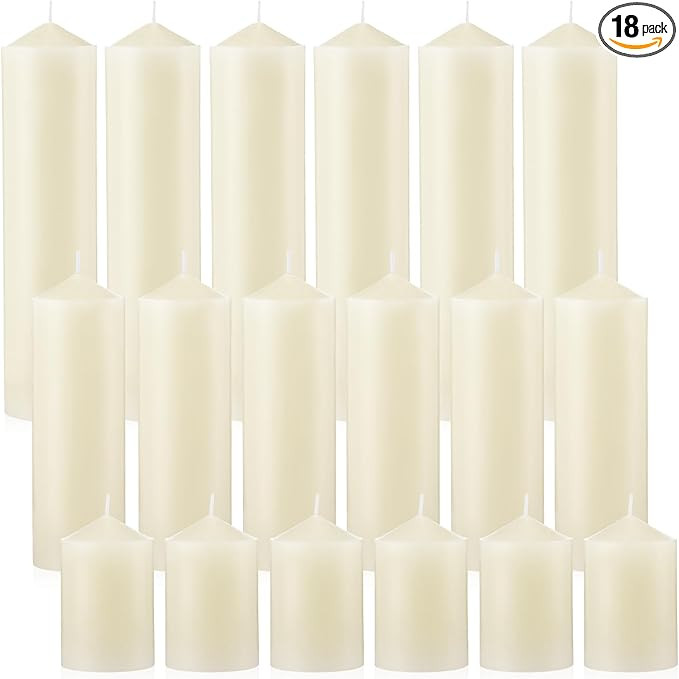 MTLEE 18 Pcs Set of 3 Pillar Candles Ivory Pillar Candle Bulk 2 in x 3, 6, 8 Long Burning Candles... | Amazon (US)