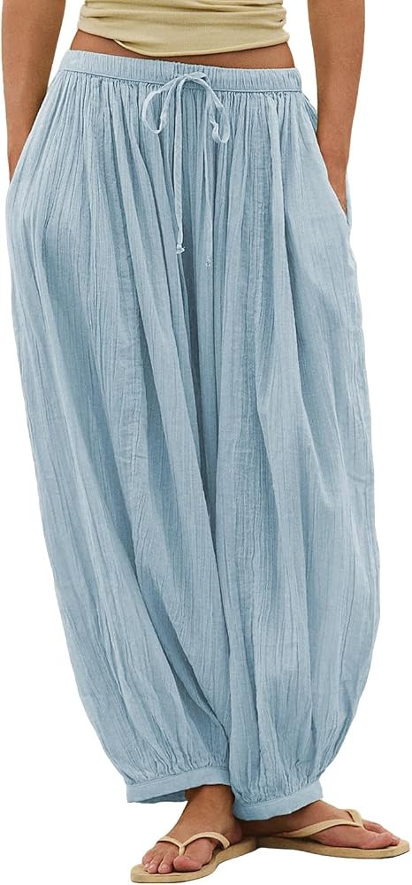 Shy Velvet Women Linen Blend Pants Lightweight Drawstring Elastic Waist Boho Summer Beach Vacatio... | Amazon (US)