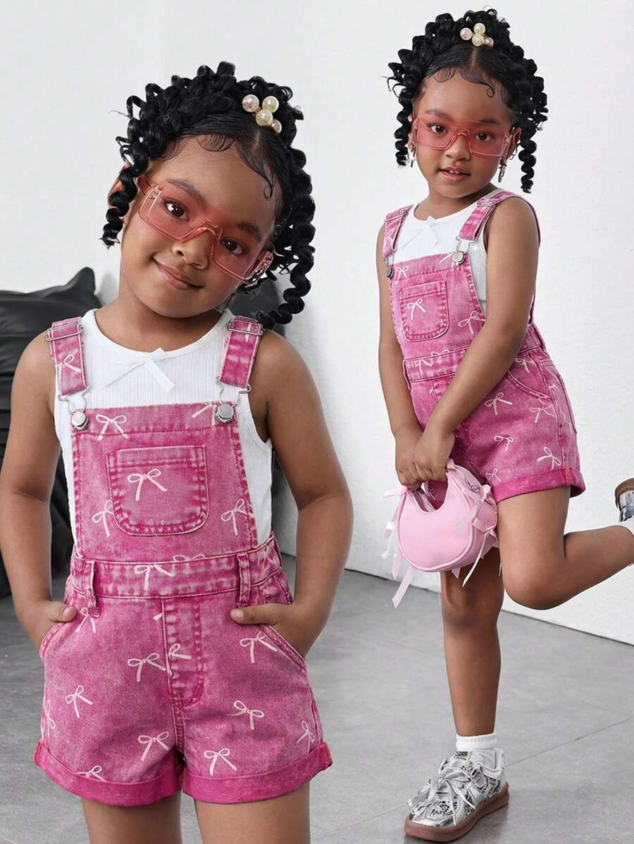 Young Girl Blue Denim Overalls With Bow Patterns,Kid Girls Spring And Summer Casual Vacation Coun... | SHEIN
