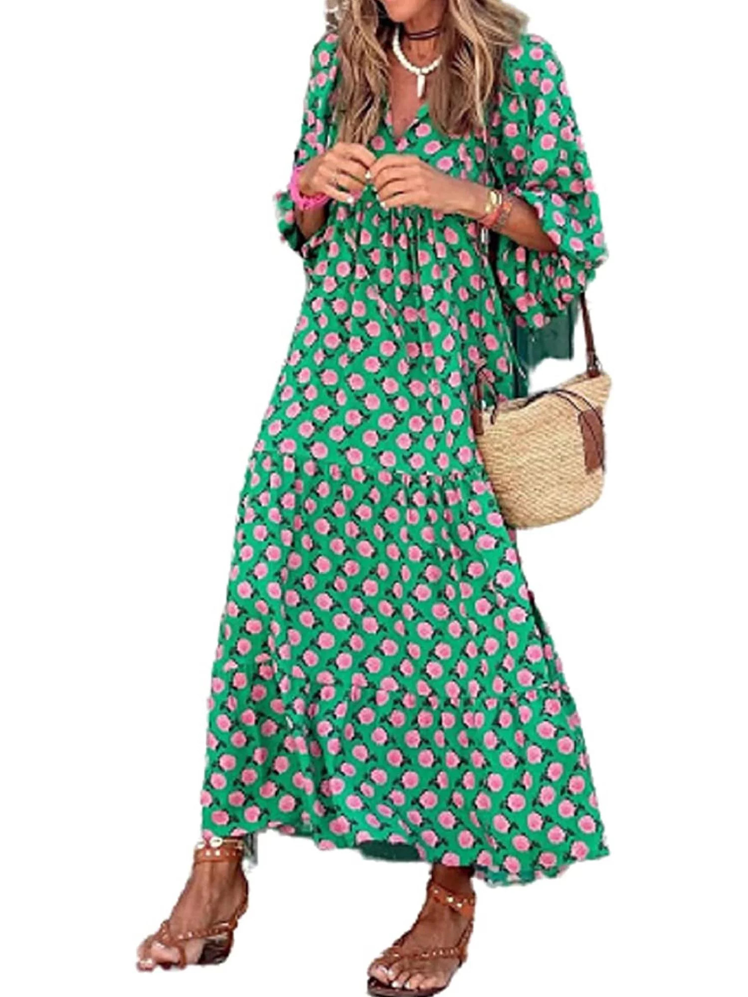 Women Short Puff Sleeve V Neck Maxi Dress Summer Boho Floral Printed Dress Smocked Tiered Flares ... | Walmart (US)