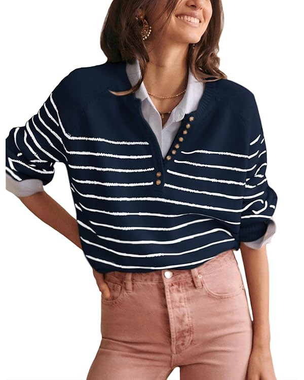 Hongsui Women's Color Block Striped Sweaters Button Up Crewneck Pullover Ribbed Knit Sweater Tops | Amazon (US)