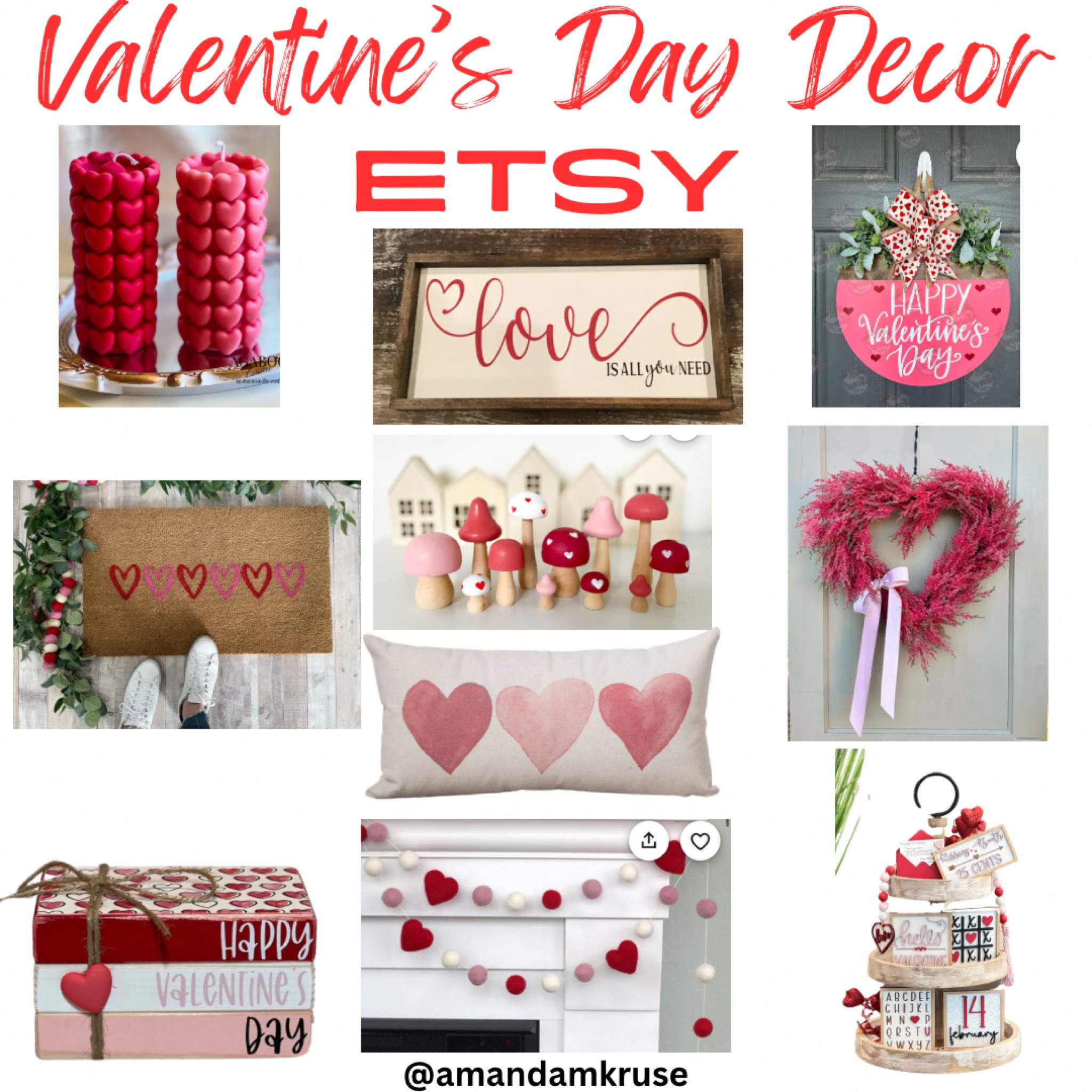 Valentine’s Decor from Etsy

Heart candle, Valentine’s Day sign, Valentine’s Day door mat, Valentine’s Day pillow, Valentine’s Day garland

#LTKSeasonal #LTKHome #LTKFindsUnder100