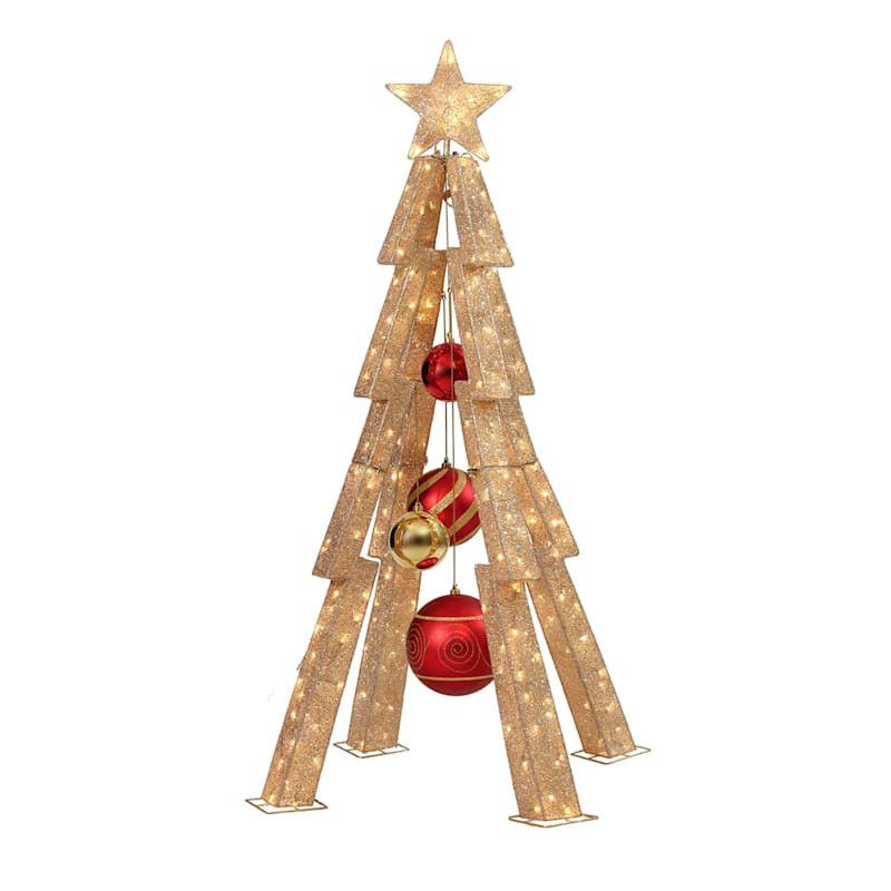 Outdoor Pre-Lit LED Gold Tree with Ornaments, 72" | At Home