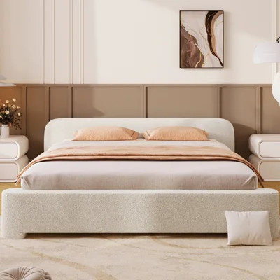 White Boucle Upholstered Queen Bed - Stable Sleeping Experience With Upholstery , Comfortable Sleep Surface | Wayfair North America