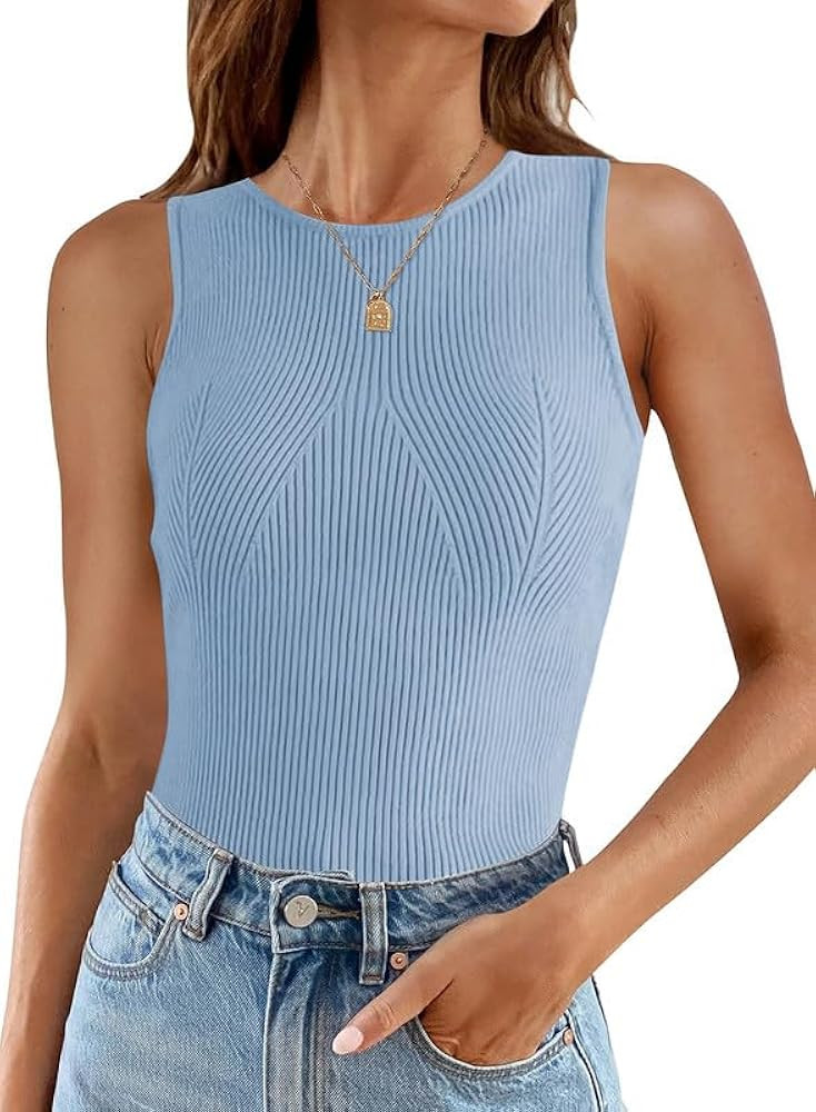 Dokotoo Womens Summer Ribbed Sleeveless Tank Tops High Neck 2024 Vest Slim Fitted Basic Shirt | Amazon (US)