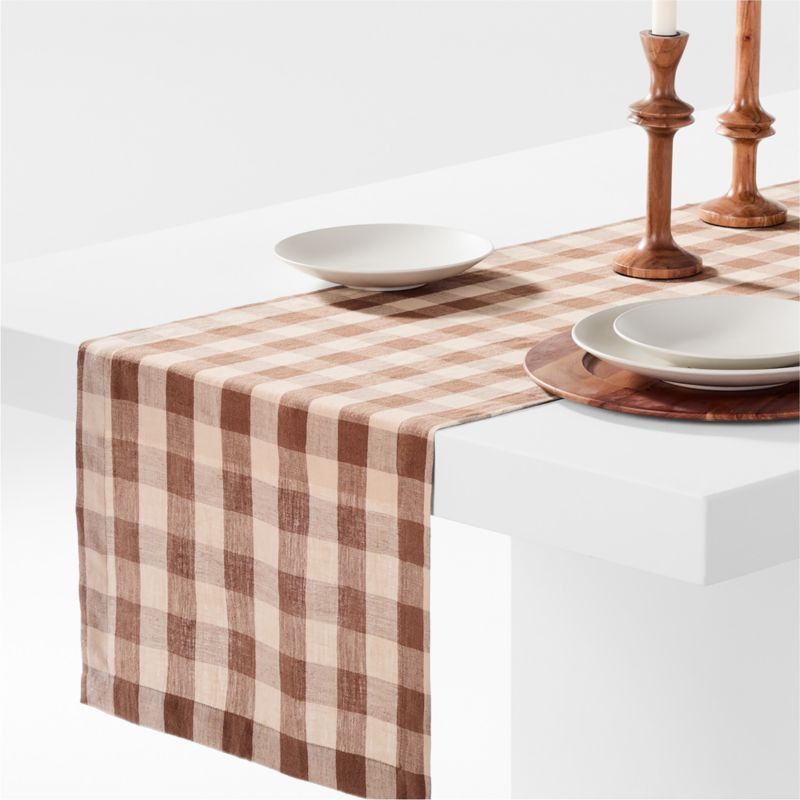 Marin 120" Brown and Natural Buffalo Check Euroflax Linen Runner + Reviews | Crate & Barrel | Crate & Barrel