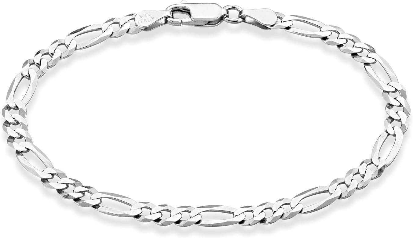 Miabella Solid 925 Sterling Silver Italian 5mm Diamond-Cut Figaro Chain Bracelet for Women Men, Made | Amazon (US)