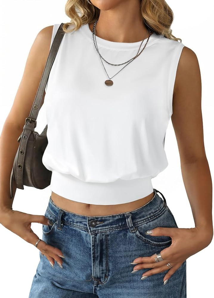 Remidoo Women's Banded Bottom Top Cropped Sleeveless Shirt Loose Fit Cinched Waist Crop Top | Amazon (US)