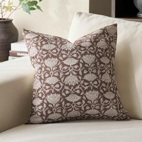 DOMVITUS Floral Pillow Covers 18x18 Decorative Throw Pillow Covers Floral Block Print Farmhouse Vintage Pillow Cover for Living Room Couch Bed Brown 1PC | Amazon (US)